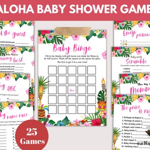 May include: A set of 25 printable baby shower games with a tropical theme. The games include "Find the Guest", "Who Knows Mommy Best", "Baby Bingo", "Baby ABC", "Baby Name Race", "Emoji Pictionary", "Baby Words Scramble", "How Big is Mommy's", and "The Price is Right".