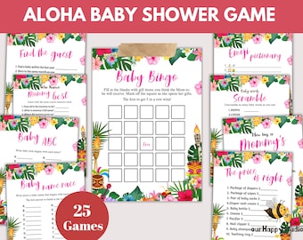 Bewerkbare Aloha-babyshowergamebundel, Aloha-babyshowerpakket, afdrukbare zomerbabyshowergamebundel