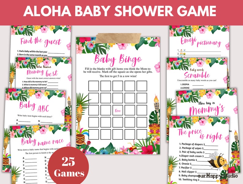 May include: A set of 25 printable baby shower games with a tropical theme. The games include "Find the Guest", "Who Knows Mommy Best", "Baby Bingo", "Baby ABC", "Baby Name Race", "Emoji Pictionary", "Baby Words Scramble", "How Big is Mommy's", and "The Price is Right".