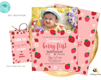Editable Berry First Birthday Invite template, Strawberry 1st Birthday Invitation, Berry party invite, fruit girl birthday invitation SB06