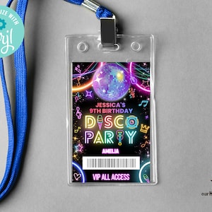 Bewerkbare Disco Party VIP backstage pass-sjabloon, verjaardag toegangskaartsjabloon, Glow dance party VIP-badge voor lanyards direct downloaden