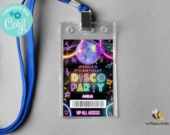 Editable Disco Party VIP backstage pass template, Birthday access card template, Glow dance party VIP badge for lanyards instant download