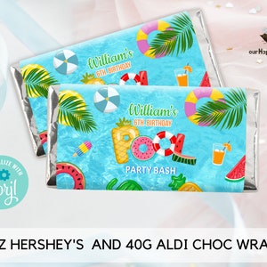 May include: Two blue and white chocolate bar wrappers with a pool party theme. The wrappers feature a pool with inflatables, watermelon, and a pineapple. The text on the wrappers reads "William's 6th Birthday" and "Party Bash".
