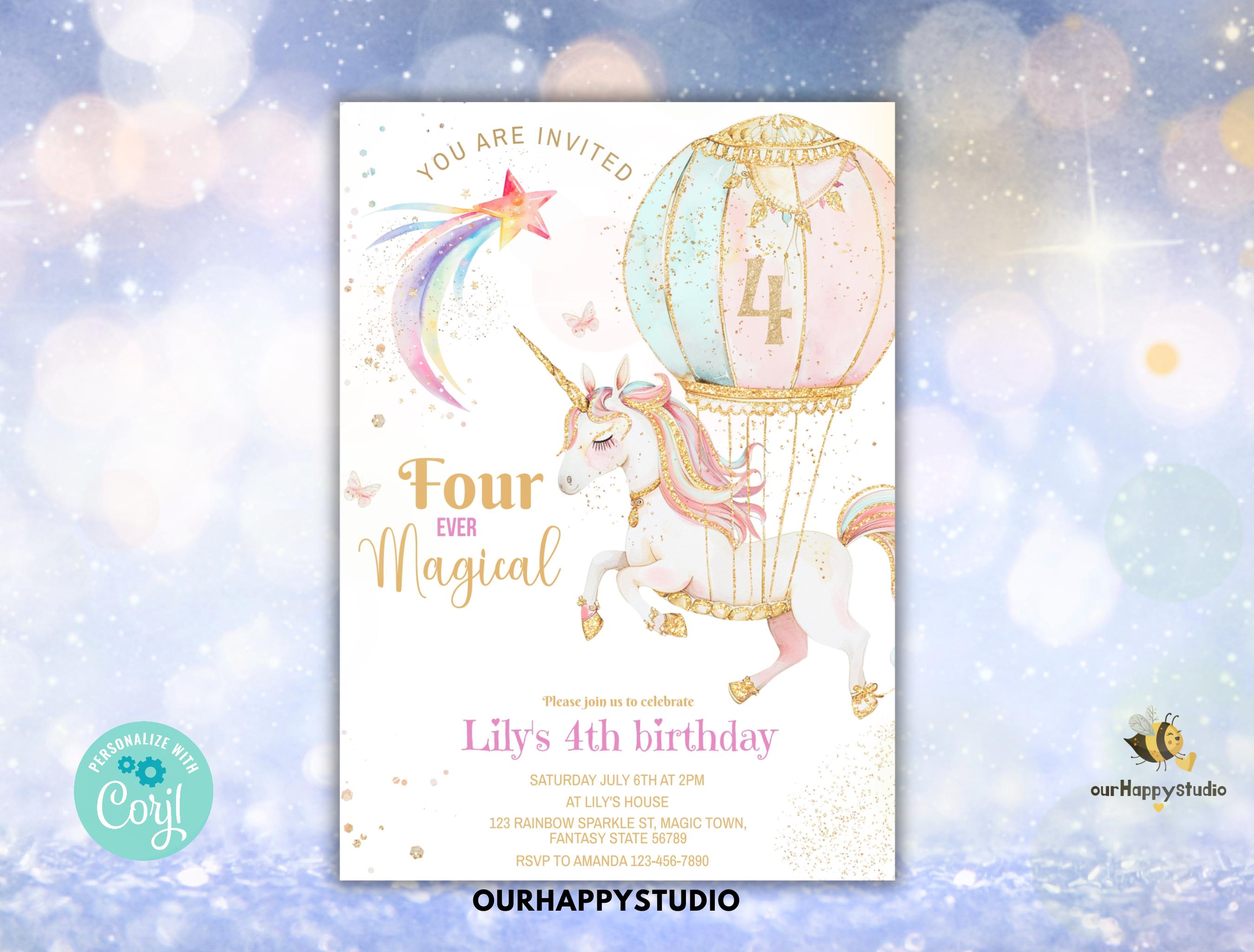 Unicorn Birthday Invitation Editable Four Ever Magical 4th Birthday ...