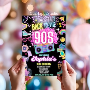 Back to the 90s Birthday Invitation, Editable Retro Party Invite, Neon 90s Theme, Corjl Template, 30th 35th 40th Birthday, Instant Download