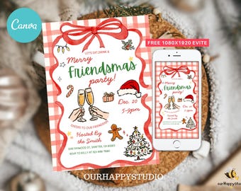 May include: A festive invitation for a "Friendsmas" party, featuring a red and white checkered background. The design includes illustrations of champagne glasses, a Santa hat, and a Christmas tree. The text reads "Merry Friendsmas party!" and includes event details.