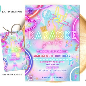 Editable Karaoke Party Birthday Invitation, Tie dye Karaoke birthday party neon singing party invite Karaoke and glow instant download 03