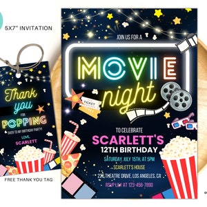 Editable Movie night birthday invite movie birthday party birthday invitation movie sleepover glow party digital download template M01