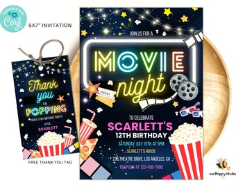 May include: A 5x7 inch invitation for a movie night birthday party. The invitation features a neon sign that says "Movie Night" with a film reel and 3D glasses. The text on the invitation says "Join us for a Movie Night to celebrate Scarlett's 12th Birthday. Saturday, July 15th at 5pm at Scarlett's House. 226 Theatre Drive, Los Angeles, CA. RSVP Lily at 123-456-7890".