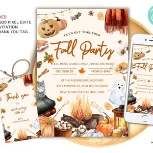 May include: A fall party invitation and thank you tag with a watercolor design. The invitation includes pumpkins, a bonfire, and the text "Fall Party". The thank you tag says "Thank you for celebrating with us!"