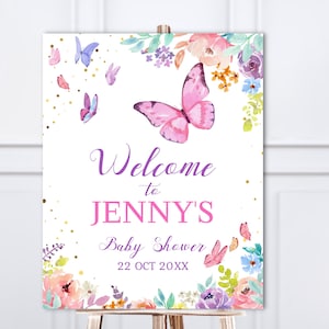 Butterfly Baby shower Welcome Sign Printable Pink girl purple Party Welcome Poster Décor Editable Download 03A