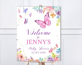 Letrero de bienvenida para baby shower con forma de mariposa, para imprimir, para niña, color rosa, morado, para fiesta, decoración, editable, descarga 03A