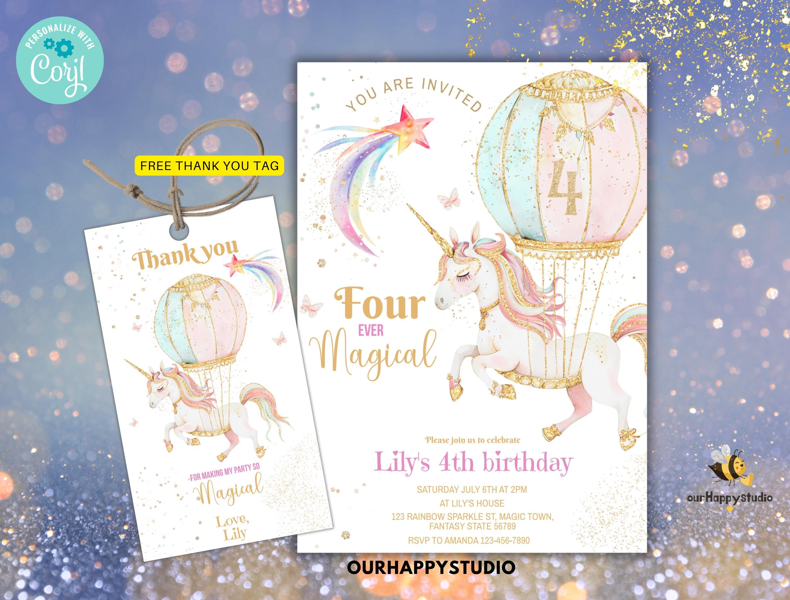 Unicorn Birthday Invitation Editable Four Ever Magical 4th Birthday ...