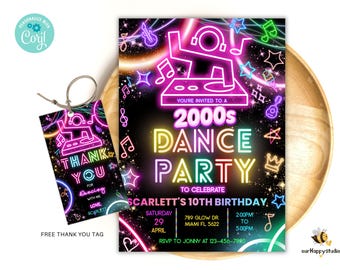 2000s DJ Dance Party Birthday Invitation, Neon Glow Invite (Digital Download)