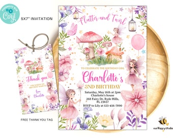 Puede incluir: Una invitación de cumpleaños de temática de hadas, rosa y morada, con un diseño de acuarela. La invitación presenta un hada con alas, un hongo y una casa. El texto de la invitación dice "Flutter and Twirl" y "Charlotte's 3rd Birthday".
