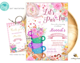 May include: A pink and gold tea party invitation with a floral design and a stack of teacups. The invitation says "Let's Par-tea" and is for Hannah's 2nd birthday. The invitation includes the date, time, and location of the party. A free thank you tag is also included.