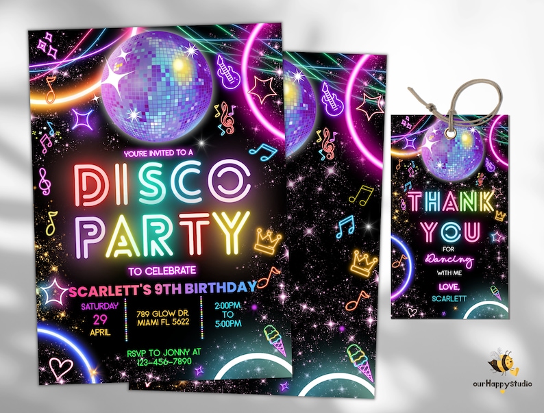 Bewerkbare discofeestverjaardagsuitnodiging, disco genderneutrale uitnodigingen, dansfeestsjabloon, neonfeestuitnodigingen bewerkbare gloedfeest afbeelding 5