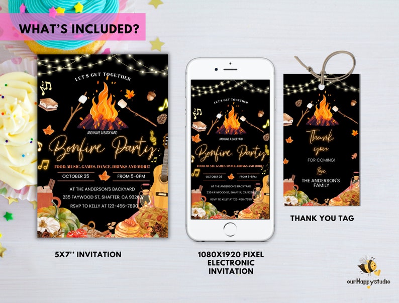 May include: A bonfire party invitation set featuring a 5x7 inch invitation, a 1080x1920 pixel electronic invitation on a smartphone, and a thank you tag. The black designs feature a campfire, string lights, s'mores, a guitar, and autumn leaves.