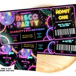 Biglietti d'invito modificabili per feste di compleanno in discoteca, inviti neutri per feste in discoteca, modelli per feste danzanti, inviti per feste al neon modificabili per feste luminose