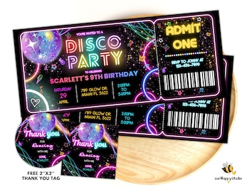 Editable Disco Party Birthday Invitation ticket, Disco Gender Neutral Invites, Dance Party Template, Neon Party Invites Editable Glow Party