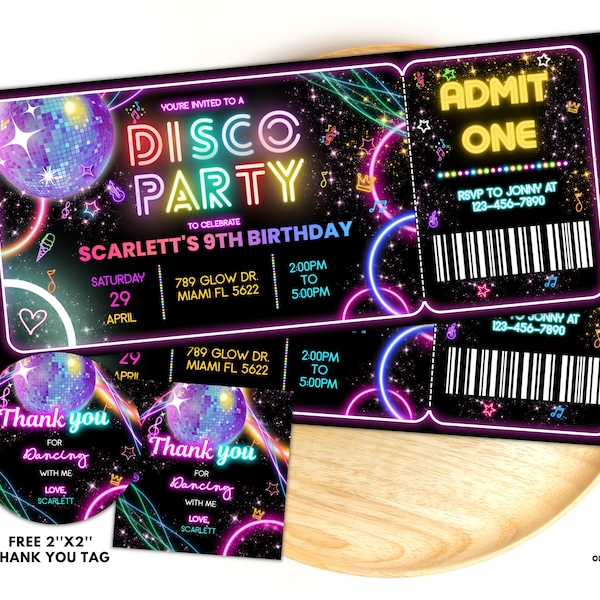 Editable Disco Party Birthday Invitation ticket, Disco Gender Neutral Invites, Dance Party Template, Neon Party Invites Editable Glow Party