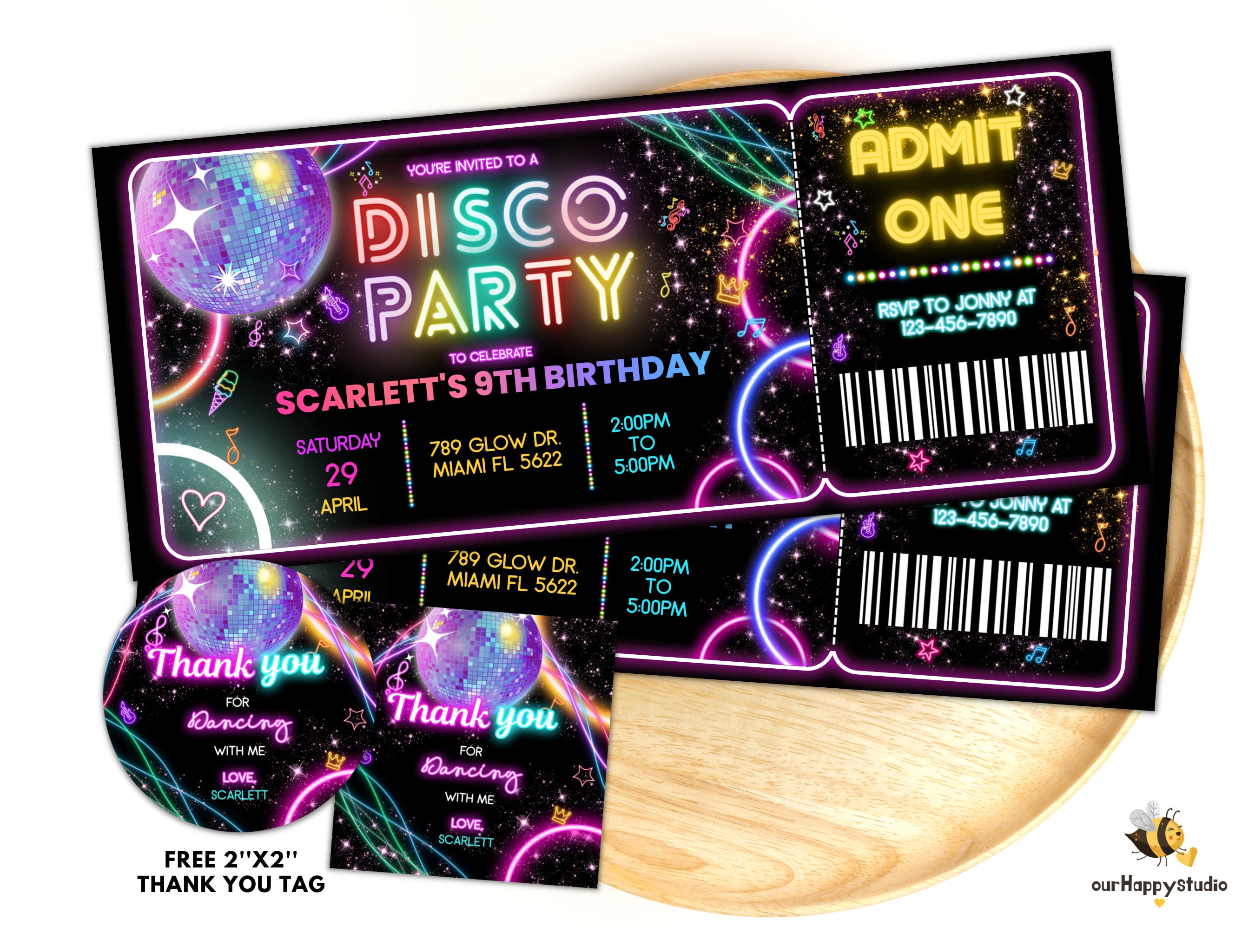 Editable Disco Party Birthday Invitation ticket, Disco Gender Neutral Invites, Dance Party Template, Neon Party Invites Editable Glow Party