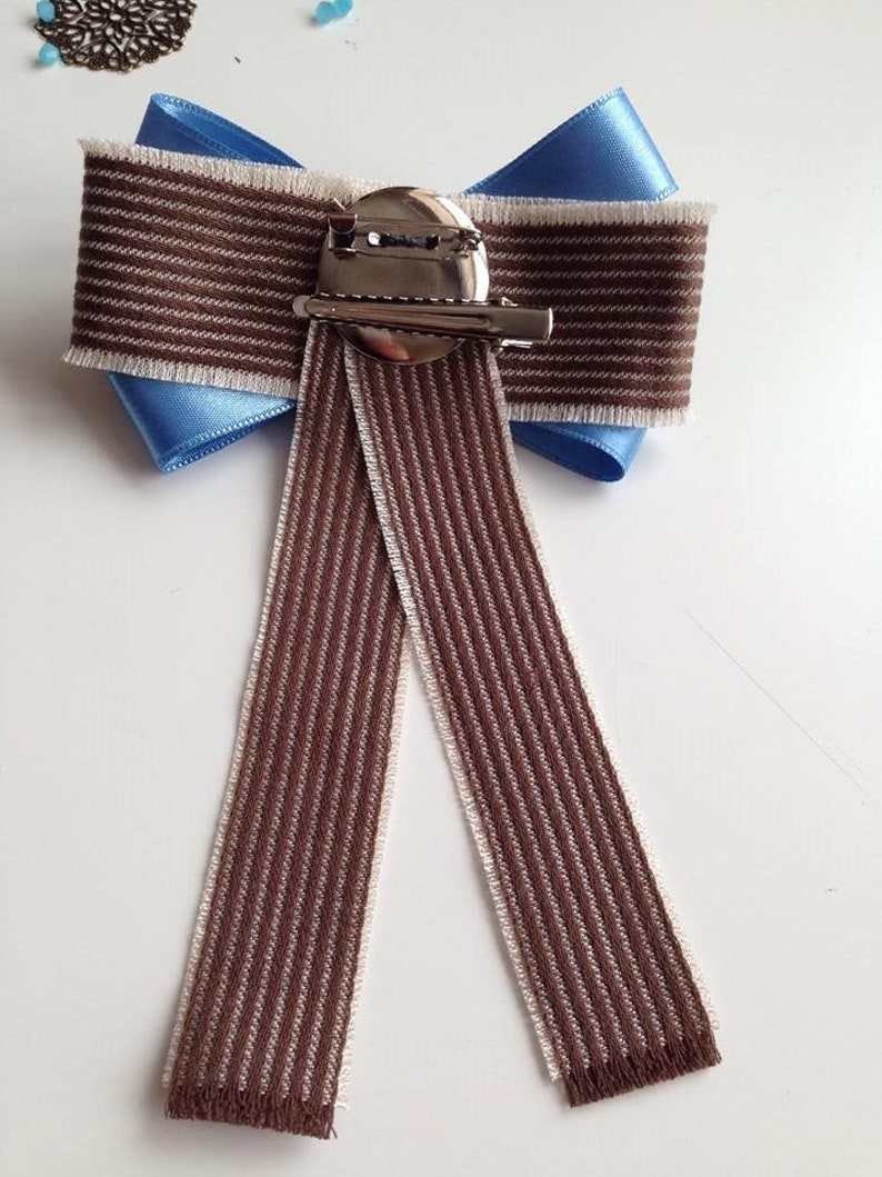 Handmade Brown Bow Brooch with blue ribbon and silver color bead