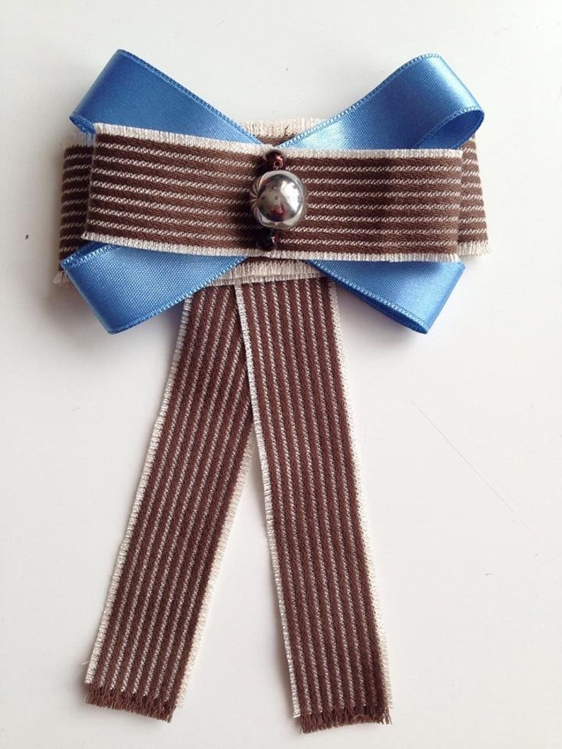 Handmade Brown Bow Brooch with blue ribbon and silver color bead
