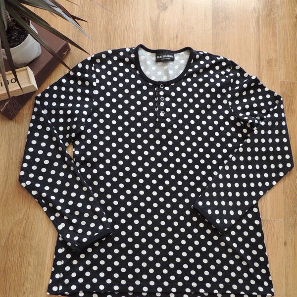 FREE SHIPPING - Vintage MARIMEKKO Cotton Black and white small polka dots long sleeve soft top with push buttons, made in Finland, size xl