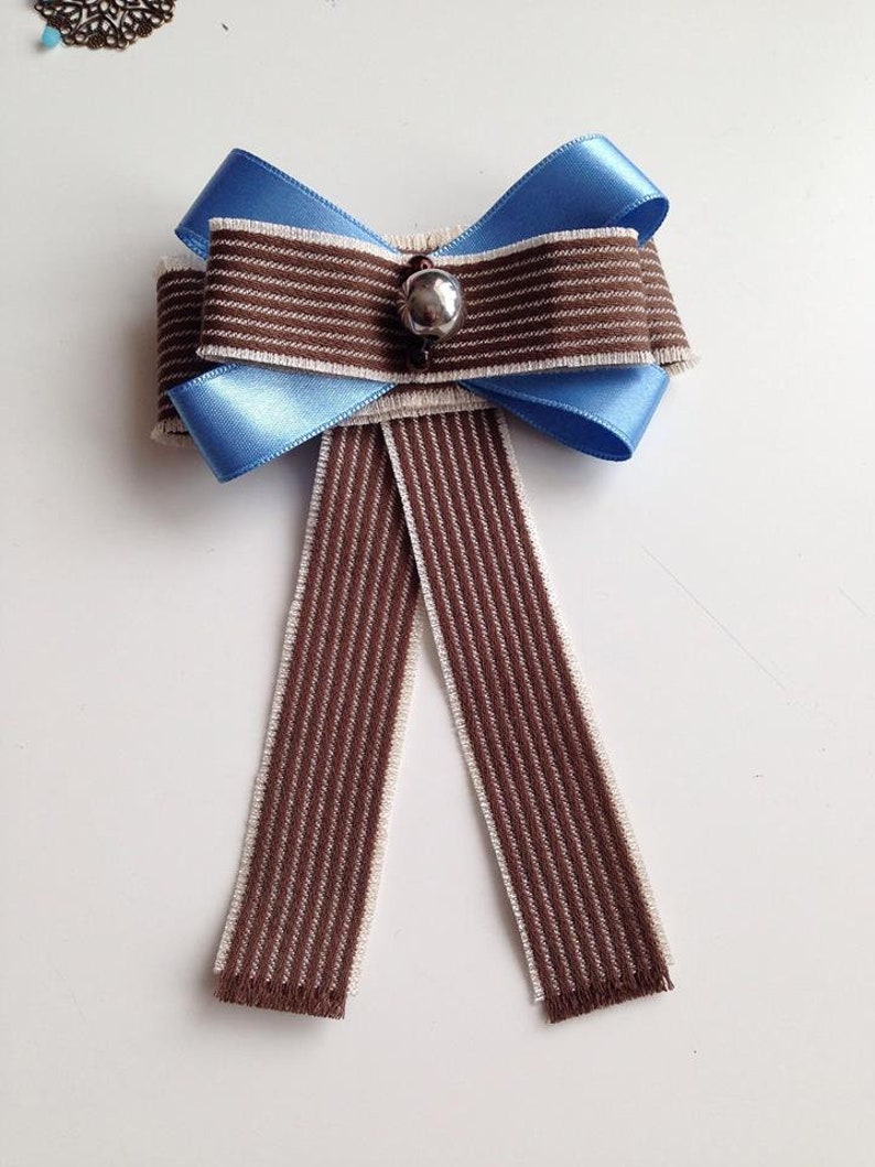 Handmade Brown Bow Brooch with blue ribbon and silver color bead