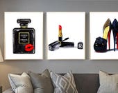 Chanel print set of 3, Perfume watercolor painting, Fashion illustration set of 3, Makeup wall decor, High heels poster, Chanel print
