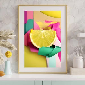 Poster Cosmic Lemonade con vera frutta e bucce multicolori, pop art eclettica, ideale per decorare con stile ed energia
