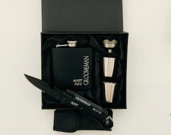 Personalized Groomsman Boxed Gift Set - Flask Set With Tactical Knife - Gift Box Set For Groomsman - Flask Kit With Knife Groomsman Gift Set