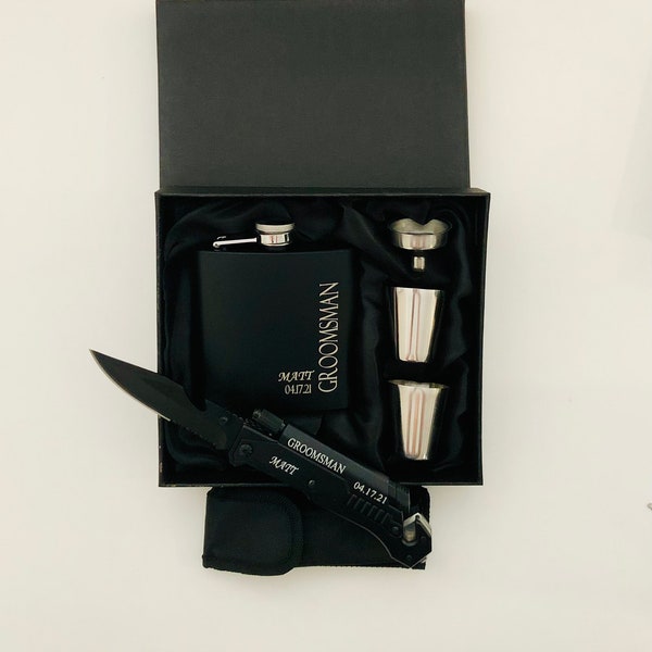 Personalized Groomsman Boxed Gift Set - Flask Set With Tactical Knife - Gift Box Set For Groomsman - Flask Kit With Knife Groomsman Gift Set