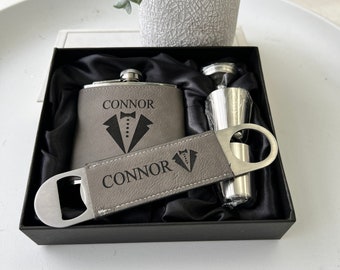 Personalized Groomsman Gift Set - Leather Flask Set With Bottle Opener - Gift Box Set For Groomsman - Flask Kit With Flat Bottle Opener