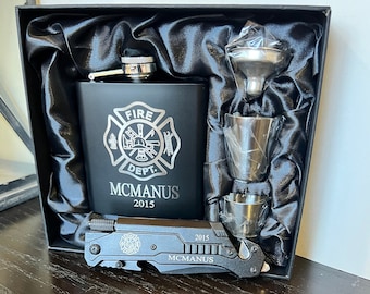 Gift for Firefighter - Flask and Knife Kit - Father's Day Gift - Personalized Knife and Flask Boxed Gift - Firefighter Gift - Fireman Knife