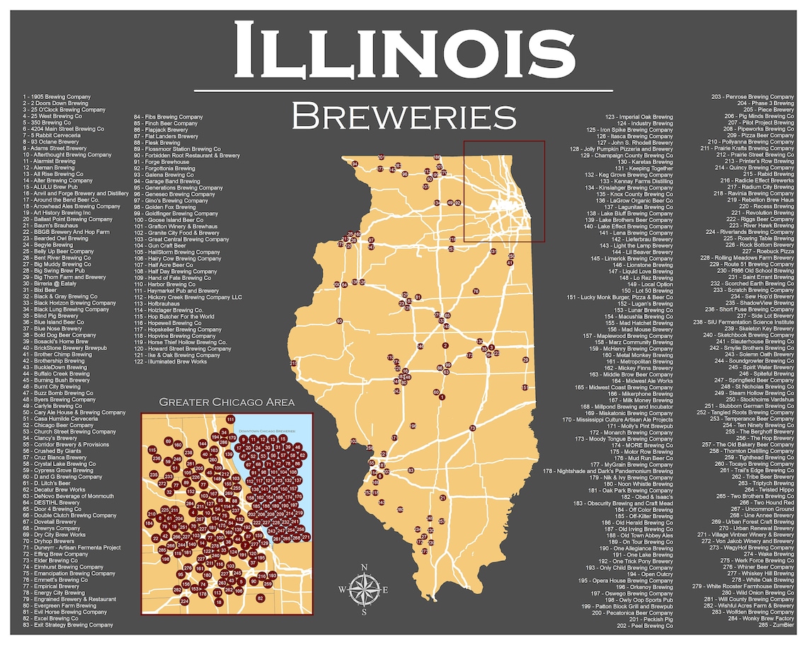 Illinois Breweries Poster 16x20 Map Art Print Etsy