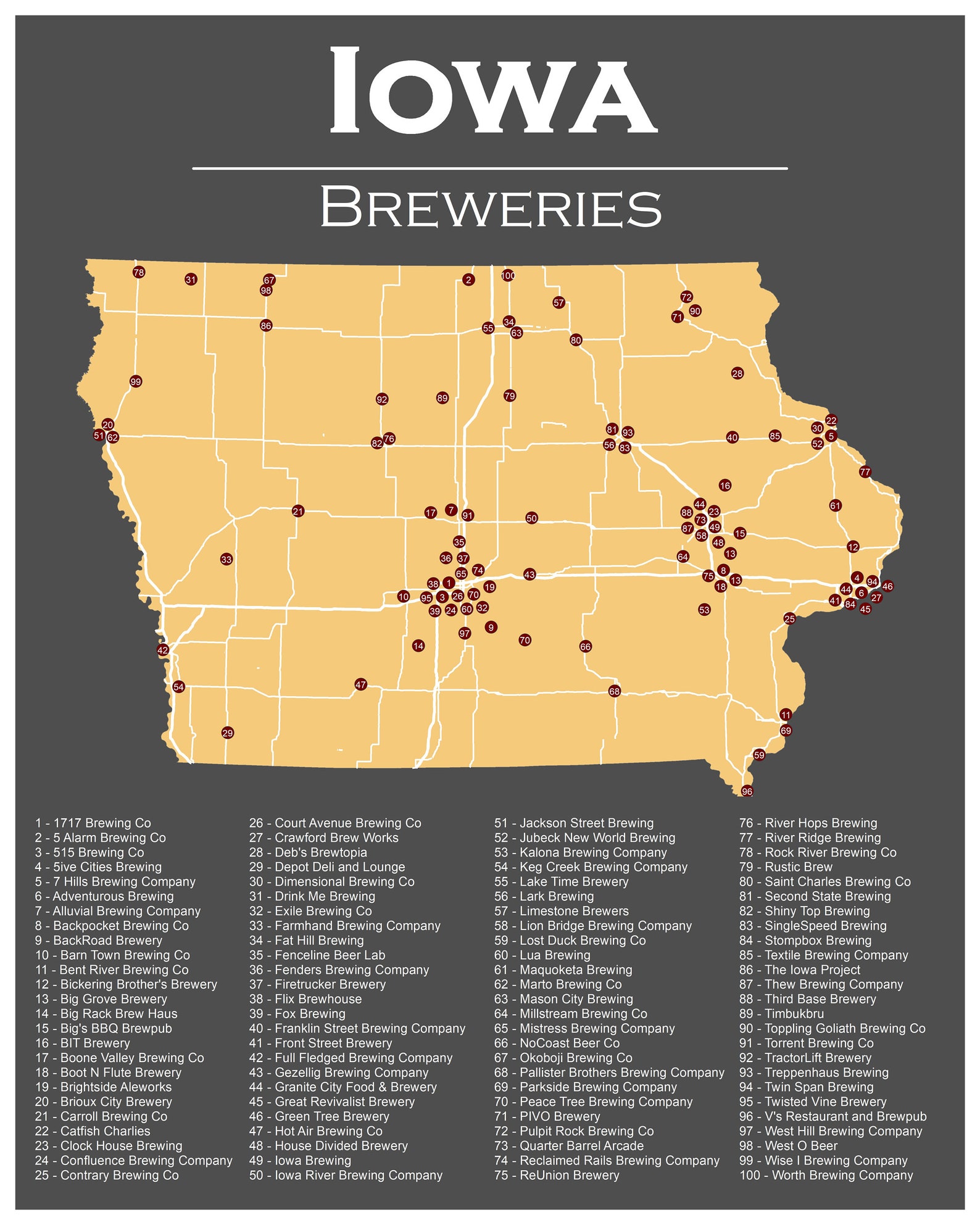 Iowa Breweries Poster 16x20 Map Art Print Etsy