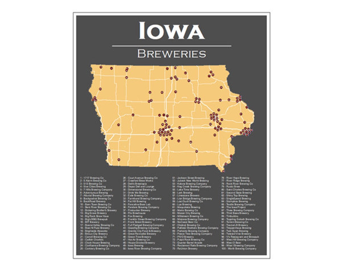 Iowa Breweries Poster 16x20 Map Art Print Etsy