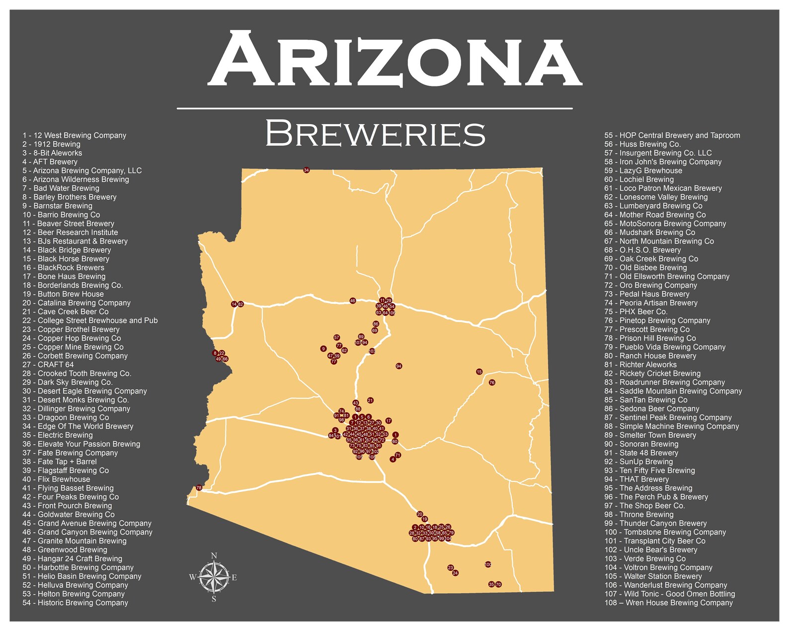 Arizona Breweries Poster 16x20 Map Art Print Etsy