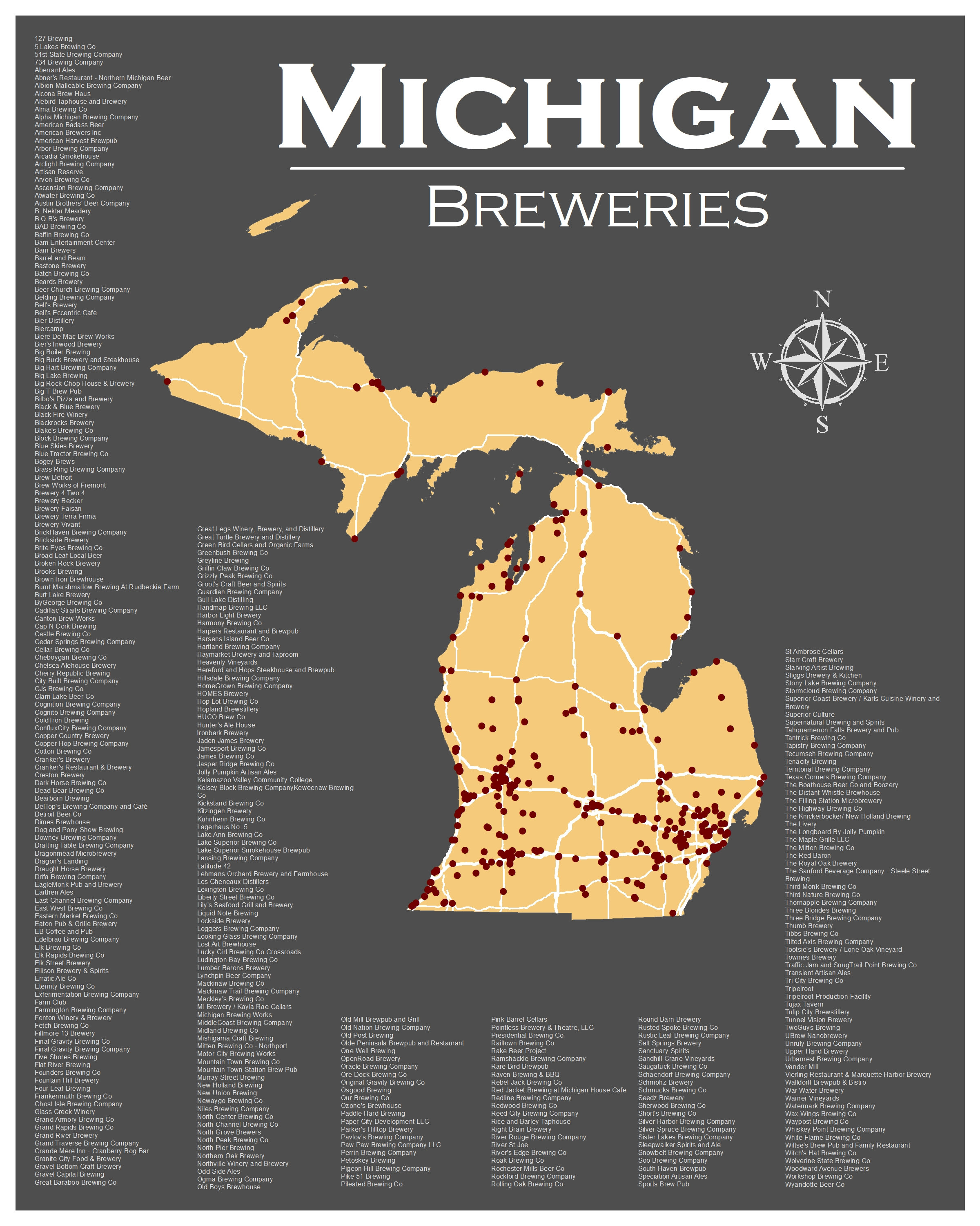 Michigan Breweries Poster 16x20 Map Art Print
