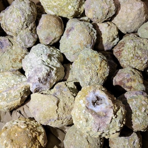 May include: A close-up of a pile of geode crystals. The geodes are various shades of brown, green, and white. Some of the geodes are cracked open, revealing the crystals inside.