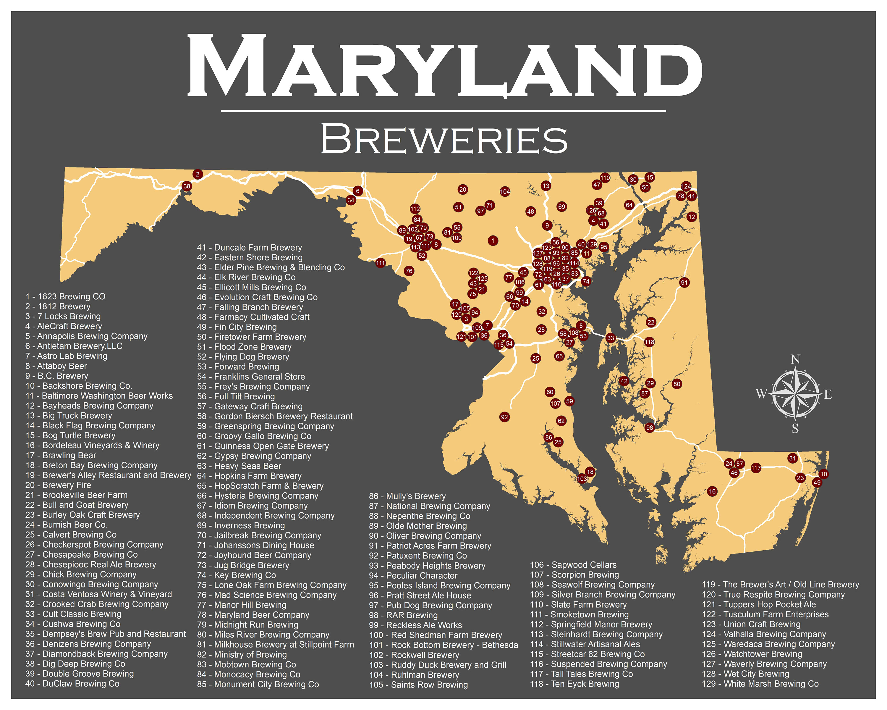 Maryland Breweries Poster 16x20 Map Art Print Etsy