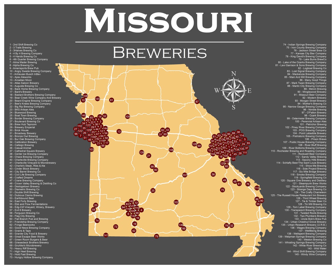 Missouri Breweries Poster 16x20 Map Art Print Etsy