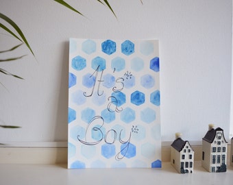 It's a boy original watercolor painting blue home decor A/4 wall art hexagon geometry graphic childbirth gift nursery decor baby boy indigo