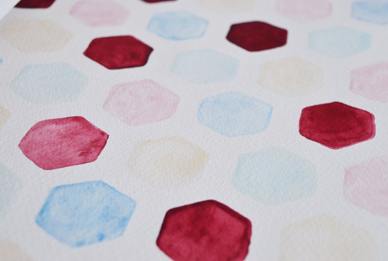 Cold sugar original watercolor painting burgundy blue beige home decor A/4 wall art hexagon geometry housewarming gift office decor pastel image 4