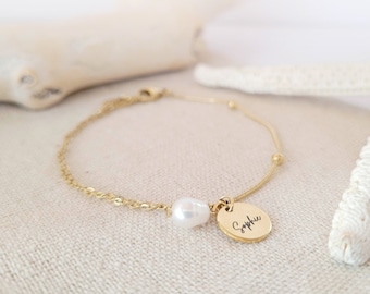 Personalizable - stainless steel bracelet with pearl and stainless steel pendant -- freshwater pearl/stainless steel -- gold/silver/white summer maritime engraving