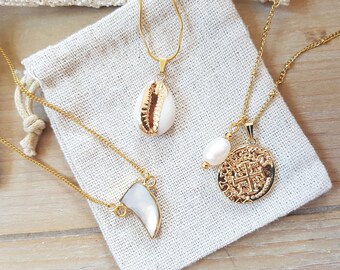 Gold-colored: various stainless steel necklaces -- pearl / gold-plated pendant / real cowrie shell / beach summer festival surf gold