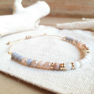 Sunstone and Agate Bracelet Beaded Bracelet -- semiprecious stones/stainless steel -- pink/grey/gold Summer Festival Handmade