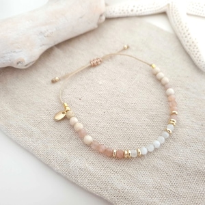 Personalisierbares Perlen-Armband - Mondstein - Sonnenstein - Halbedelsteine/Edelstahl - weiß/rosa/gold Name Gravur Sommer Festival Handmade